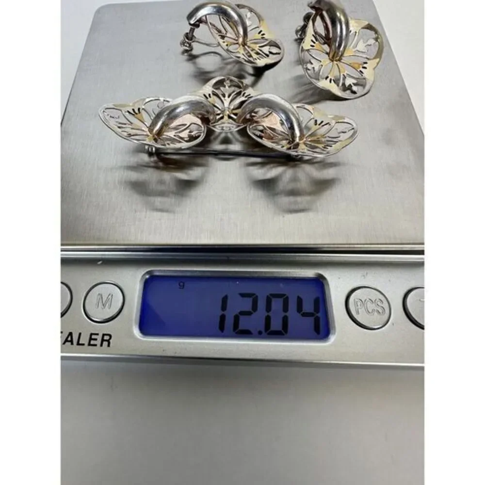 Vintage Sterling Silver Hand Painted‎ Flower Pin Brooch With Screw back Earrings